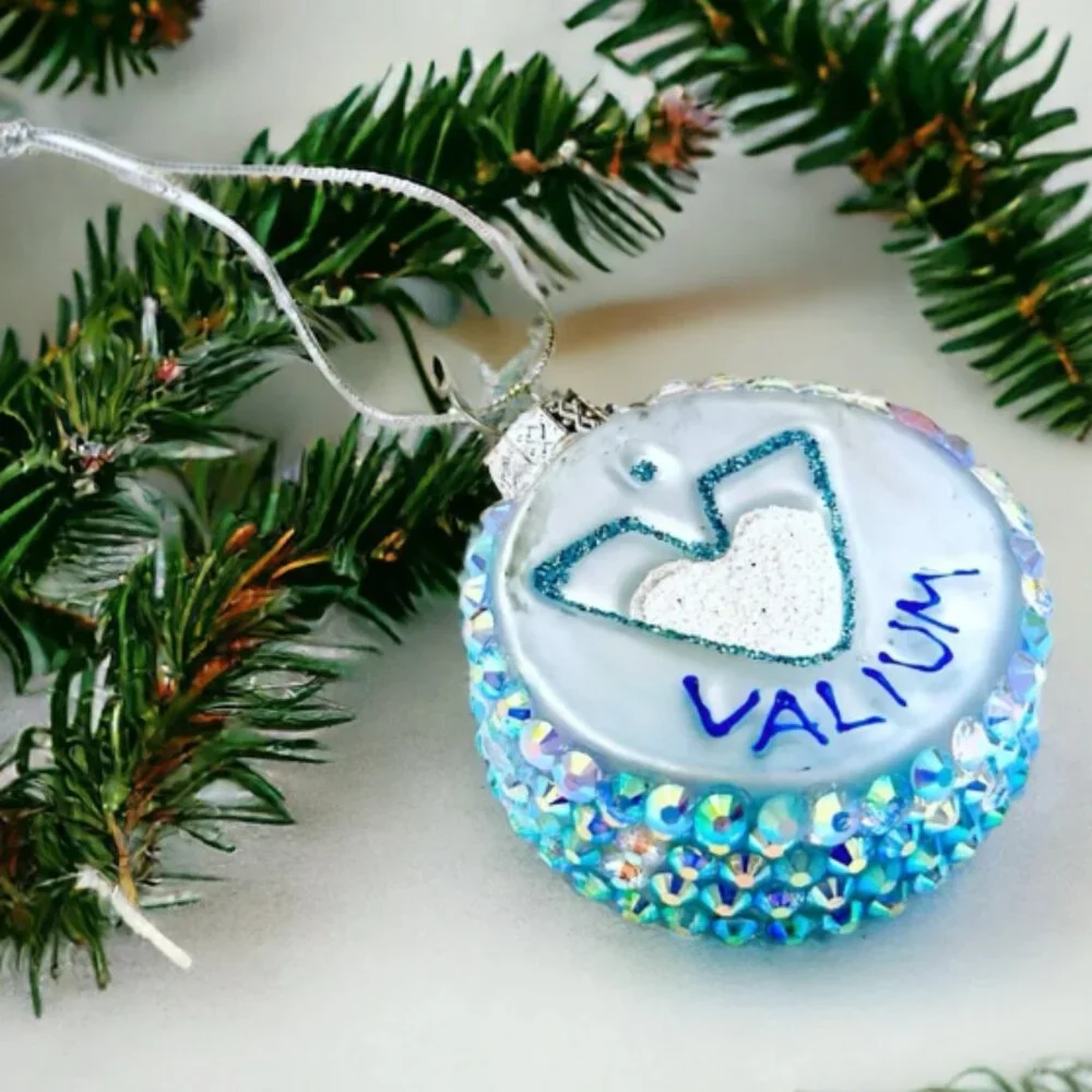 Valium Pill Ornament Blue Glitter Christmas Ornament NWT Novelty Holiday Decor